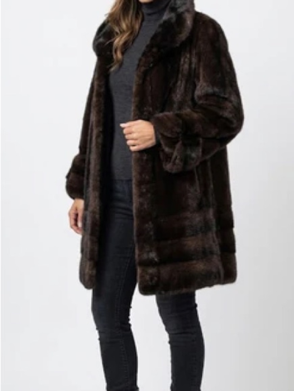 Vintage Dark Mahogany Ranch Mink Fur Coat Scalloped Hem Tulip Sleeves Medium